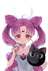 Rule 34 | 1girl, aged down, ahoge, bandaid, bishoujo senshi sailor moon, black lady (sailor moon), blouse, blush, chibi usa, closed mouth, collarbone, cone hair bun, crescent, crescent facial mark, double bun, facial mark, fingernails, food, forehead mark, frown, hair bun, highres, ice cream, jewelry, long hair, luna-p, nail polish, necklace, no nose, parted bangs, pink hair, primcoco, red eyes, red nails, shirt, simple background, solo, twintails, white background, white shirt