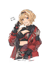 Rule 34 | 1girl, :d, alternate hairstyle, blonde hair, blue eyes, breasts, cleavage, cleavage cutout, clothing cutout, gloves, granblue fantasy, hairband, highres, jacket, medium breasts, midriff, open clothes, open jacket, open mouth, red jacket, shimatani azu, short hair, smile, zeta (granblue fantasy), zeta (grand) (granblue fantasy)