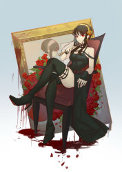 Rule 34 | 1girl, absurdres, black dress, black hair, black thighhighs, blood, boots, breasts, chair, closed mouth, crossed legs, dagger, dress, flower, gradient background, hairband, high heel boots, high heels, highres, holding, holding dagger, holding knife, holding weapon, knife, long legs, looking at viewer, medium breasts, naoel (naoel art), portrait (object), red eyes, red flower, red rose, rose, short hair, short hair with long locks, sitting, solo, spy x family, thigh boots, thighhighs, weapon, yellow hairband, yor briar