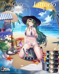 Rule 34 | 1girl, azur lane, bare shoulders, beach, bikini, black bikini, blue sky, blush, brown eyes, cat, character name, clothes tug, cloud, day, earrings, expressions, eyewear on head, full body, green hair, grey-framed eyewear, hat, highres, jewelry, kneeling, littorio (azur lane), littorio (the glory of naples) (azur lane), logo, multicolored hair, ocean, official alternate costume, official art, outdoors, parted lips, picnic basket, red hair, sand, sandals, sidelocks, skindentation, sky, smile, solo, starfish, streaked hair, sunglasses, swimsuit, watch, watermark, wristwatch