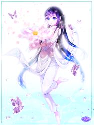 Rule 34 | barefoot, black hair, blue eyes, bug, butterfly, flower, highres, holding, holding flower, hoshikawa yayoi (pixiv), insect, light smile, long hair, lotus, original, pants, purple butterfly, smile, traditional clothes, vietnamese dress, white pants