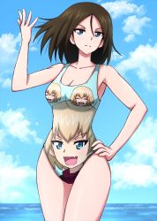 Rule 34 | 1girl, black hair, blonde hair, blue eyes, blue sky, breasts, character print, cleavage, closed eyes, closed mouth, cloud, cloudy sky, commentary, cowboy shot, day, fang, frown, girls und panzer, hand on own hip, highres, katyusha (girls und panzer), long hair, looking at viewer, medium breasts, nonna (girls und panzer), ocean, omachi (slabco), one-piece swimsuit, open mouth, outdoors, print swimsuit, short hair, sky, smile, solo, standing, swept bangs, swimsuit, thighs