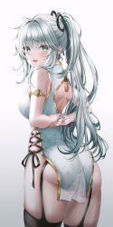 Rule 34 | 1girl, absurdres, aqua eyes, aqua hair, arm strap, arms behind back, ass, back cutout, bad hands, bad id, bad twitter id, bare arms, breasts, china dress, chinese clothes, clothing cutout, cowboy shot, dress, earrings, floral print, garter straps, gold trim, hair between eyes, highres, jewelry, long hair, looking at viewer, looking back, medium breasts, mole, mole under eye, open mouth, original, ponytail, side slit, sidelocks, simple background, smile, solo, tassel, thighs, wol (wol 927)