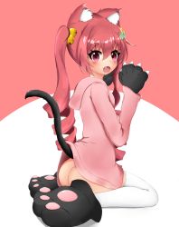 Rule 34 | 1girl, :o, animal ears, animal hands, ass, bad id, bad pixiv id, bell, blush, borrowed character, brown hair, cat ears, cat girl, cat tail, commentary request, fang, gloves, hair bell, hair between eyes, hair ornament, hands up, hazuki watora, hood, hood down, hoodie, jingle bell, kemonomimi mode, long hair, long sleeves, looking at viewer, looking to the side, open mouth, original, paw gloves, paw shoes, peru (perushee), pink hoodie, purple eyes, red background, ringlets, shoes, sidelocks, sitting, solo, tail, thighhighs, twintails, two-tone background, very long hair, wariza, white background, white thighhighs