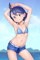 Rule 34 | 1girl, aomoro, armpits, arms up, bad id, bad pixiv id, bikini, bikini shorts, blue eyes, blue hair, blue shorts, blue stripes, blush, breasts, closed mouth, collarbone, fang, female focus, glasses, highres, hodaka natsumi, houkago teibou nisshi, looking at viewer, navel, ocean, outdoors, short hair, shorts, sky, small breasts, smile, solo, standing, striped bikini, striped clothes, swimsuit