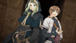 Rule 34 | 2boys, alto travers, atelier-moo, belt, blue eyes, blurry, blurry background, bracelet, brown hair, cloak, closed mouth, cowboy shot, curtained hair, dungeon, green eyes, green hair, hair between eyes, hand on own arm, hand on own hip, highres, hood, hood up, hooded jacket, jacket, jewelry, long sleeves, looking at viewer, merak yildis, multiple boys, narrow waist, open mouth, short hair, smile, smug, standing, v-shaped eyebrows, wizards symphony