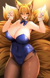 Rule 34 | 1girl, animal ear fluff, animal ears, artist name, bare shoulders, blonde hair, blue bow, blue bowtie, blue leotard, blue nails, bow, bowtie, breasts, brown pantyhose, cleavage, commentary request, covered navel, cowboy shot, curvy, detached sleeves, fox ears, fox shadow puppet, gradient background, grey background, groin, hair between eyes, hands up, highleg, highleg leotard, huge breasts, leotard, looking at viewer, marota, multiple tails, nail polish, no headwear, nontraditional playboy bunny, open mouth, panties, pantyhose, playboy bunny, shiny clothes, shiny skin, short hair, solo, standing, strapless, strapless leotard, tail, thick thighs, thighs, topknot, touhou, twitter username, underwear, wrist cuffs, yakumo ran, yellow eyes