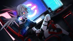 Rule 34 | 1girl, absurdres, black footwear, black shirt, can, chair, crop top, dive to zone, eyepatch, grey hair, hair ornament, hand up, highres, holding, holding can, crossed legs, long hair, long sleeves, looking at viewer, midriff, parted lips, print shirt, red eyes, screen, shirt, shoes, sinohira rin, smile, solo
