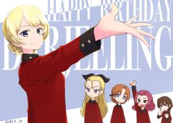 Rule 34 | 5girls, absurdres, arm up, assam (girls und panzer), birthday, black ribbon, blonde hair, blue eyes, braid, braided bun, braided ponytail, brown eyes, brown hair, character name, closed mouth, commentary, darjeeling (girls und panzer), dated, english text, fang, from side, frown, girls und panzer, hair bun, hair over shoulder, hair pulled back, hair ribbon, happy birthday, highres, jacket, long hair, long sleeves, looking at viewer, medium hair, military, military uniform, multiple girls, open mouth, orange hair, orange pekoe (girls und panzer), oritako, parted bangs, raised fist, reaching, reaching towards viewer, red hair, red jacket, ribbon, rosehip (girls und panzer), rukuriri (girls und panzer), short hair, single braid, smile, st. gloriana&#039;s military uniform, standing, text background, twin braids, uniform