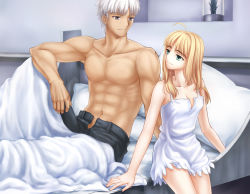 Rule 34 | 1boy, 1girl, abs, absurdres, alternate costume, archer (fate), artist request, artoria pendragon (all), artoria pendragon (fate), blanket, blonde hair, breasts, cleavage, couple, dark-skinned male, dark skin, dress, fate/grand order, fate (series), green eyes, grey eyes, hair down, hetero, highres, long hair, looking at another, muscular, no nipples, on bed, open fly, pants, plant, saber (fate), short dress, short hair, sitting, smile, topless male, white dress, white hair