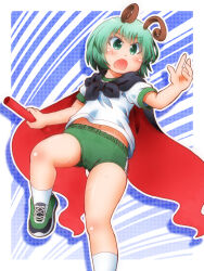 Rule 34 | 1girl, alternate costume, antennae, black cape, blush, buruma, cape, commentary request, foot out of frame, green buruma, green eyes, green footwear, green hair, gym uniform, highres, holding, looking afar, matty (zuwzi), medium bangs, navel, open mouth, outline, red cape, relay baton, shirt, shoes, short hair, short sleeves, sneakers, socks, solo, touhou, two-sided cape, two-sided fabric, white outline, white shirt, white socks, wriggle day, wriggle nightbug