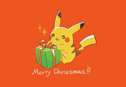 Rule 34 | black eyes, box, bright pupils, christmas, commentary request, creatures (company), game freak, gen 1 pokemon, gift, gift box, highres, holding, looking down, merry christmas, nintendo, no humans, open mouth, orange background, pikachu, pokemon, pokemon (creature), potori3939, sitting, smile, solo, sparkle, white pupils