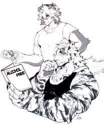 Rule 34 | 2boys, absurdres, animal ears, arknights, bara, black tank top, book, casual, chain necklace, contemporary, cookie, couple, dog boy, dog ears, finger to own chin, food, furry, furry male, furry with furry, greyscale, highres, holding, holding book, horns, hung (arknights), jewelry, male focus, monochrome, mountain (arknights), multiple boys, muscular, muscular male, necklace, open book, pants, pectoral cleavage, pectorals, ppyong, reading, scar, scar across eye, scar on face, shirt, short hair, sidepec, single horn, smile, tank top, tiger boy, tiger ears, white fur, white hair, white pants, white shirt, yaoi