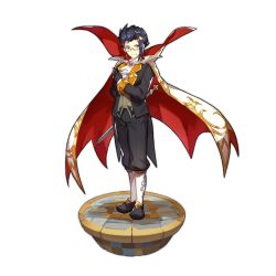 Rule 34 | 1boy, bat ornament, black hair, butler, cape, dragalia lost, edward (dragalia lost), fang, fang out, full body, hair ornament, hairclip, holding, holding weapon, looking at viewer, male focus, nintendo, non-web source, official art, saitou naoki, sword, transparent background, vampire costume, weapon, yellow eyes