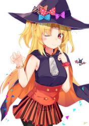 Rule 34 | 1girl, akatsuki uni, aokabi (aokabic), bare shoulders, bat (animal), black legwear, black shirt, blonde hair, blush, bow, bracelet, breasts, cape, claw pose, closed mouth, cowboy shot, fang, fang out, finger to mouth, hair ornament, hairclip, hat, hat bow, highres, index finger raised, jewelry, long hair, looking at viewer, one eye closed, orange skirt, oversized object, parted bangs, red eyes, shirt, simple background, skirt, sleeveless, small breasts, smile, solo, striped clothes, striped skirt, two side up, uni create, virtual youtuber, white background, witch hat, zipper pull tab