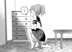 Rule 34 | 1girl, chest of drawers, dildo, door, closed eyes, from side, full body, greyscale, monochrome, no shoes, on one knee, original, pleated skirt, ponytail, pussy juice, pussy juice puddle, sailor collar, school uniform, serafuku, sex toy, skirt, socks, solo, table, tanaka ahiru, translation request