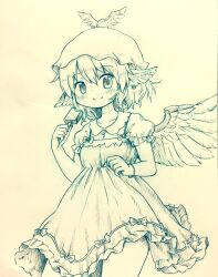 Rule 34 | 1girl, adapted costume, animal, animal ears, arinu, bird, bird ears, bird wings, blush, closed mouth, collarbone, commentary, cowboy shot, dress, earrings, feathered wings, fingernails, food, frilled dress, frilled sleeves, frills, hair between eyes, hat, highres, holding, holding food, holding popsicle, jewelry, monochrome, mystia lorelei, nail polish, popsicle, short hair, short sleeves, single earring, smile, solo, touhou, traditional media, wings