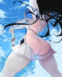 Rule 34 | 1girl, absurdres, ass, black hair, blue sky, breasts, day, elbow gloves, facing away, from behind, gloves, highres, junketsu, katana, kill la kill, kiryuuin satsuki, limn044, long hair, revealing clothes, shiny skin, sky, solo, spread legs, standing, sword, thighhighs, weapon