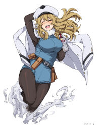 Rule 34 | 1girl, :d, absurdres, alcohol, andreanof pepesha, arm up, belt, black belt, blonde hair, blush, bottle, brown pantyhose, closed eyes, gloves, hand up, highres, holding, holding bottle, jacket, jacket on shoulders, long hair, open clothes, open jacket, open mouth, pantyhose, pouch, shy (series), simple background, smile, solo, takatisakana, teeth, upper teeth only, vodka, white background, white gloves, white headwear