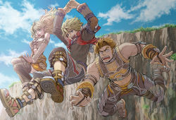 Rule 34 | 1girl, 2boys, beco, blonde hair, blue eyes, boots, cliff, cloud, day, falling, fiora (xenoblade), grass, green eyes, jewelry, jumping, long hair, midriff, multiple boys, nature, necklace, nintendo, open mouth, orange eyes, orange hair, reyn (xenoblade), short hair, shulk (xenoblade), sky, smile, source request, sunlight, teardrop, tears, thighhighs, vest, xenoblade chronicles (series), xenoblade chronicles 1