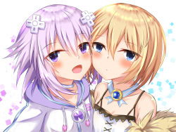 Rule 34 | 2girls, :d, bare shoulders, blanc (neptunia), blue eyes, blush, breasts, brown hair, cheek-to-cheek, cleavage, d-pad, d-pad hair ornament, dress, expressionless, hair ornament, heads together, hood, hooded jacket, jacket, medium hair, multiple girls, neptune (neptunia), neptune (series), open mouth, purple eyes, purple hair, ray 726, short hair, small breasts, smile, spaghetti strap, upper body, usb
