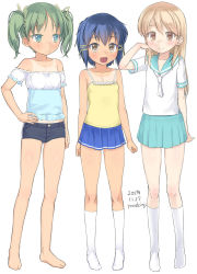 Rule 34 | 3girls, :d, artist name, bare shoulders, barefoot, black shorts, blue eyes, blue hair, blue sailor collar, blue skirt, blush, brown eyes, camisole, closed mouth, collarbone, dated, green hair, hair between eyes, hair ribbon, hand on own hip, hasuka kiseki, hiwa yurina, kneehighs, light brown hair, long hair, multiple girls, no shoes, off-shoulder shirt, off shoulder, open mouth, original, orishima kei, parted bangs, pleated skirt, puffy short sleeves, puffy sleeves, ribbon, sailor collar, shirt, short shorts, short sleeves, shorts, signature, simple background, skirt, smile, socks, tan, tanline, twintails, white background, white legwear, white neckwear, white shirt, yellow camisole, yellow ribbon, yone kinji