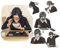 Rule 34 | 1boy, boku no hero academia, bowl, cellphone, chopsticks, collarbone, cup, eating, eraser head (boku no hero academia), eyepatch, facial hair, food, hair between eyes, holding, holding bowl, holding chopsticks, long sleeves, looking at phone, male focus, messy hair, multiple views, mustache stubble, phone, restaurant, rnuyvm, smartphone, sparse stubble, stubble, sushi, talking on phone, teeth