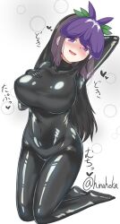 Rule 34 | 1girl, black bodysuit, black hair, bodysuit, breasts, curvy, flower, flower on head, highres, hinaheka, large breasts, latex, latex bodysuit, long hair, looking at viewer, open mouth, plump, purple eyes, skin tight, smile, solo, touhou, twitter username, white background, yomotsu hisami