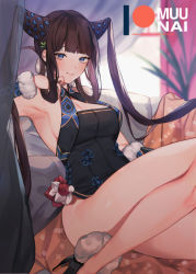 Rule 34 | 1girl, bare shoulders, black dress, black footwear, blue eyes, blunt bangs, blush, breasts, china dress, chinese clothes, cleavage, closed mouth, couch, curtains, detached sleeves, dress, fate/grand order, fate (series), floral print, hair ornament, high heels, knee up, large breasts, leaf hair ornament, long hair, looking at viewer, muunai, purple hair, sidelocks, sitting, solo, thighs, twintails, very long hair, yang guifei (fate), yang guifei (second ascension) (fate)