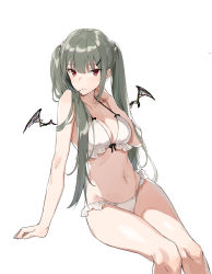 Rule 34 | 1girl, aiko (kanl), arm support, bikini, braid, breasts, cleavage, frill trim, frills, green hair, hair ornament, hair over shoulder, hairclip, hand up, large breasts, long hair, navel, original, parted lips, red eyes, simple background, sitting, solo, swimsuit, tsurime, twin braids, twintails, white background, white bikini, wings