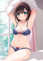 Rule 34 | 1girl, absurdres, armpits, arms up, black hair, blue bra, blue eyes, blue panties, blurry, blurry background, blush, bow, bow bra, bow panties, bra, breasts, clothes lift, commentary, curtains, day, dressing, frilled bra, frills, groin, hair ribbon, highres, indoors, lifted by self, looking at viewer, medium breasts, medium hair, navel, original, panties, parted lips, red ribbon, ribbon, salve (lindasakura), shirt lift, sitting, solo, underwear, underwear only, undressing, window