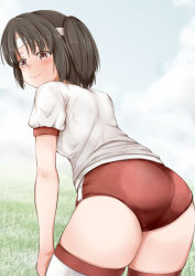 Rule 34 | 1girl, ass, back, black hair, blue sky, breasts, brown eyes, buruma, clothes lift, cloud, day, grass, gym shirt, gym uniform, headband, highres, kantai collection, koru pera, looking at viewer, looking back, nagara (kancolle), one side up, outdoors, red buruma, shirt, shirt lift, short hair, short sleeves, sky, small breasts, smile, solo, standing, thighhighs, white shirt, white thighhighs