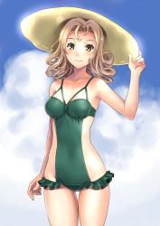 Rule 34 | 1girl, adjusting clothes, adjusting headwear, blue sky, breasts, brown eyes, brown hair, closed mouth, cloud, cloudy sky, commentary, covered navel, day, drill hair, frills, green one-piece swimsuit, hat, katahira masashi, looking at viewer, medium breasts, one-piece swimsuit, original, outdoors, sky, smile, solo, standing, sun hat, swimsuit, thigh gap, yellow hat
