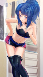 Rule 34 | 1girl, absurdres, alice gear aegis, bare arms, bare shoulders, belt, belt buckle, black bra, black choker, black footwear, blue belt, blue hair, blush, boots, bra, breasts, buckle, choker, cleavage, closed mouth, collarbone, hair tubes, hand on own hip, high ponytail, highres, indoors, long hair, looking at viewer, medium breasts, midriff, navel, origami yakko, purple eyes, race queen, shiny clothes, shiny legwear, short shorts, shorts, solo, standing, stomach, strapless, strapless bra, takanashi rei, thigh boots, thigh gap, underwear