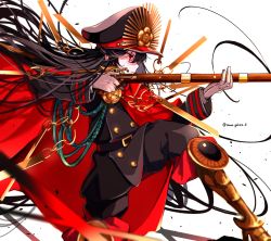Rule 34 | 1girl, aiming, belt, black hair, boots, cape, commentary request, fate/grand order, fate (series), gloves, gun, hat, highres, long hair, armored boots, musket, oda nobunaga (fate), oda nobunaga (koha-ace), on one knee, red eyes, twitter username, uniform, weapon, white background, white gloves, yui (tamagohan)