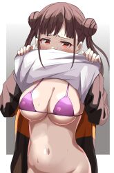 Rule 34 | 1girl, absurdres, bikini, blush, bottomless, breasts, brown hair, clothes lift, covered face, double bun, embarrassed, furrowed brow, gradient background, grey background, groin, hair bun, hands up, haruki (haruki678), highres, idolmaster, idolmaster shiny colors, large breasts, lifted by self, long hair, long sleeves, looking at viewer, navel, out-of-frame censoring, red eyes, skindentation, solo, sonoda chiyoko, string bikini, sweat, swimsuit, underboob