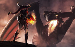 Rule 34 | 1girl, armor, cassio yoshiyaki, dragon, faceoff, fake horns, fire, from behind, helmet, highres, horned helmet, league of legends, long hair, monster, powering up, sharp teeth, shyvana, size difference, teeth, weapon