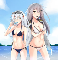 Rule 34 | 10s, 2girls, arm behind back, bikini, blue eyes, blush, breasts, brown eyes, cleavage, cloud, crossed arms, cyka, day, eyewear on head, gangut (kancolle), grey hair, halterneck, hammer and sickle, hibiki (kancolle), highres, iscream, jacket, kantai collection, large breasts, long hair, looking at viewer, military, military jacket, military uniform, multiple girls, navel, aged up, open clothes, open jacket, orange eyes, outdoors, pipe in mouth, remodel (kantai collection), scar, side-tie bikini bottom, sky, small breasts, smile, smoking pipe, standing, strap gap, string bikini, sunglasses, swimsuit, uniform, verniy (kancolle)