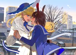 Rule 34 | 2girls, absurdres, animal ears, annoyed, bare tree, blonde hair, blue bow, blue eyes, blue hat, blue jacket, blue nails, blue ribbon, blue sailor collar, blue sky, blue sleeves, bow, brown hair, buttons, car, character request, chinese commentary, choker, cigarette, cityscape, clenched teeth, coat, collared jacket, commentary request, copyright request, cowboy shot, eye contact, face-to-face, fence, fur-trimmed coat, fur trim, gradient sky, grey shirt, hair ornament, hand on another&#039;s hip, hat, hat bow, hexagram, highres, holding, holding cigarette, holding hands, jacket, lamppost, long hair, long sleeves, looking at another, morning, motor vehicle, multiple girls, nail polish, neck ribbon, neckerchief, open mouth, ouge dz, outdoors, puffy long sleeves, puffy sleeves, rabbit ears, railing, red eyes, ribbon, road, sailor collar, sailor jacket, shirt, short hair, sky, smile, star (symbol), star hair ornament, star of david, sun hat, teeth, tree, weibo watermark, white choker, white coat, white sleeves, yellow neckerchief, yuri