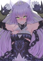 Rule 34 | 1girl, agrius metamorphosis, ahoge, angry, animal ears, areola slip, atalanta (fate), atalanta alter (fate), atalanta alter (first ascension) (fate), bare shoulders, braid, breasts, cat ears, chain, clenched teeth, collar, dress, fangs, fate/apocrypha, fate/grand order, fate (series), green eyes, grey hair, large breasts, long hair, looking at viewer, lying, nigane, on back, solo, sweat, teeth, torn clothes, very long hair