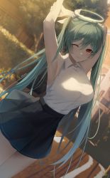 Rule 34 | 1girl, aqua hair, armpits, arms behind head, arms up, bad id, bad pixiv id, bare arms, black skirt, blurry, breasts, collared shirt, depth of field, dorook, dutch angle, hair between eyes, hair ribbon, halo, highres, large breasts, long hair, looking at viewer, one eye closed, original, outdoors, pleated skirt, red eyes, revision, ribbon, shirt, shirt tucked in, skirt, sleeveless, sleeveless shirt, smile, solo, thighs, twintails, twitter username, white ribbon, white shirt