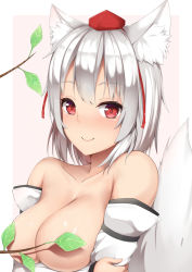 Rule 34 | 1girl, animal ear fluff, animal ears, blush, border, branch, breasts, censored, censored nipples, collarbone, commentary request, convenient censoring, detached sleeves, hat, highres, inubashiri momiji, large breasts, leaf, leaf censor, long sleeves, looking at viewer, nude, outside border, pink background, red eyes, shadow, short hair, sidelocks, silver hair, simple background, smile, solo, tail, tassel, tatsumiya kagari, tokin hat, touhou, upper body, white border, wolf ears, wolf tail