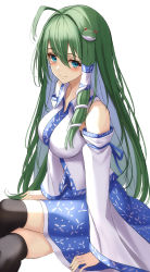 Rule 34 | 1girl, 7saki, absurdres, blue eyes, blue skirt, collared shirt, frog hair ornament, green eyes, green hair, hair ornament, hair tubes, highres, kochiya sanae, long hair, long skirt, looking at viewer, nontraditional miko, over-kneehighs, shirt, simple background, skirt, sleeveless, sleeveless shirt, smile, snake hair ornament, solo, thighhighs, touhou, white background, white shirt, white thighhighs