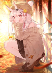 Rule 34 | 1girl, absurdres, alternate costume, autumn, autumn leaves, bell, blurry, blurry foreground, blush, brown cardigan, brown footwear, brown hat, brown skirt, cardigan, casual, clothing cutout, collar, commentary request, day, detached sleeves, frilled collar, frilled shirt, frills, gradient hair, hair bell, hair between eyes, hair ornament, hands on own cheeks, hands on own face, hat, head rest, highres, hololive, horns, long hair, long sleeves, looking at viewer, multicolored hair, nakiri ayame, off shoulder, oni, open cardigan, open clothes, outdoors, red eyes, red hair, rin31153336, shirt, shoulder cutout, silver hair, skin-covered horns, skirt, sleeves past wrists, smile, solo, squatting, streaked hair, tree, virtual youtuber, white collar, wind