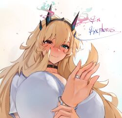 Rule 34 | 1girl, barghest (fate), blonde hair, breasts, dress, fate/grand order, fate (series), green eyes, heterochromia, highres, horns, huge breasts, jewelry, long hair, obazzotto, ring, smile, solo, white background, white dress