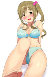 Rule 34 | 1girl, arm behind back, barefoot, blush, bra, breasts, brown hair, cleavage, fang, feet, foreshortening, green eyes, inuyama aoi, kurogoma (haruhi3), large breasts, panties, ponytail, side ponytail, simple background, sitting, skin fang, solo, thick eyebrows, toes, underwear, underwear only, white background, yurucamp