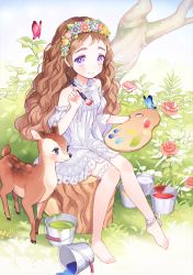 Rule 34 | 1girl, ankle ribbon, bad id, bad pixiv id, bare shoulders, barefoot, bucket, bug, bush, butterfly, deer, dress, flower, flower wreath, head wreath, insect, jitter, leg ribbon, long hair, original, paint can, paintbrush, palette (object), plant, purple eyes, ribbon, rose, sitting, smile, solo, thigh strap, tree stump, wavy hair