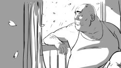 Rule 34 | 1boy, backlighting, bald, cherry blossoms, curtains, greyscale, leaning, male focus, monochrome, multicolored hair, nippori honsha, open window, original, petals, plump, railing, sketch, solo, streaked hair, tank top, window