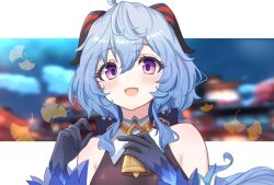 Rule 34 | 1girl, ahoge, bare shoulders, bell, blue hair, blush, bow, detached sleeves, ganyu (genshin impact), genshin impact, halterneck, horns, long hair, looking at viewer, magryo763, neck bell, open mouth, purple eyes, sidelocks, smile, solo, upper body
