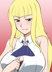 Rule 34 | 10s, 1girl, ascot, bare shoulders, blonde hair, blush, bra, breasts, cleavage, covered erect nipples, gradient background, green eyes, gundam, gundam build fighters, gundam build fighters try, lady (gundam bf), lady kawaguchi, large breasts, licking lips, lips, long hair, open clothes, open shirt, red background, shirt, solo, tongue, tongue out, underwear, zerosu (take out)